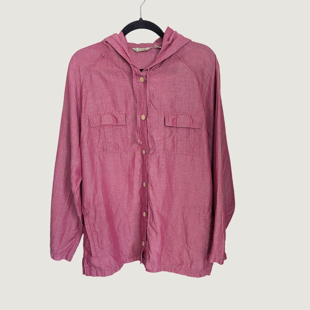 Tommy Bahama Womens Pink Tencel Linen Blend Button Down Hoodie Jacket Large